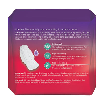 Sirona sanitary pad packaging with product features and benefits on a purple and red background