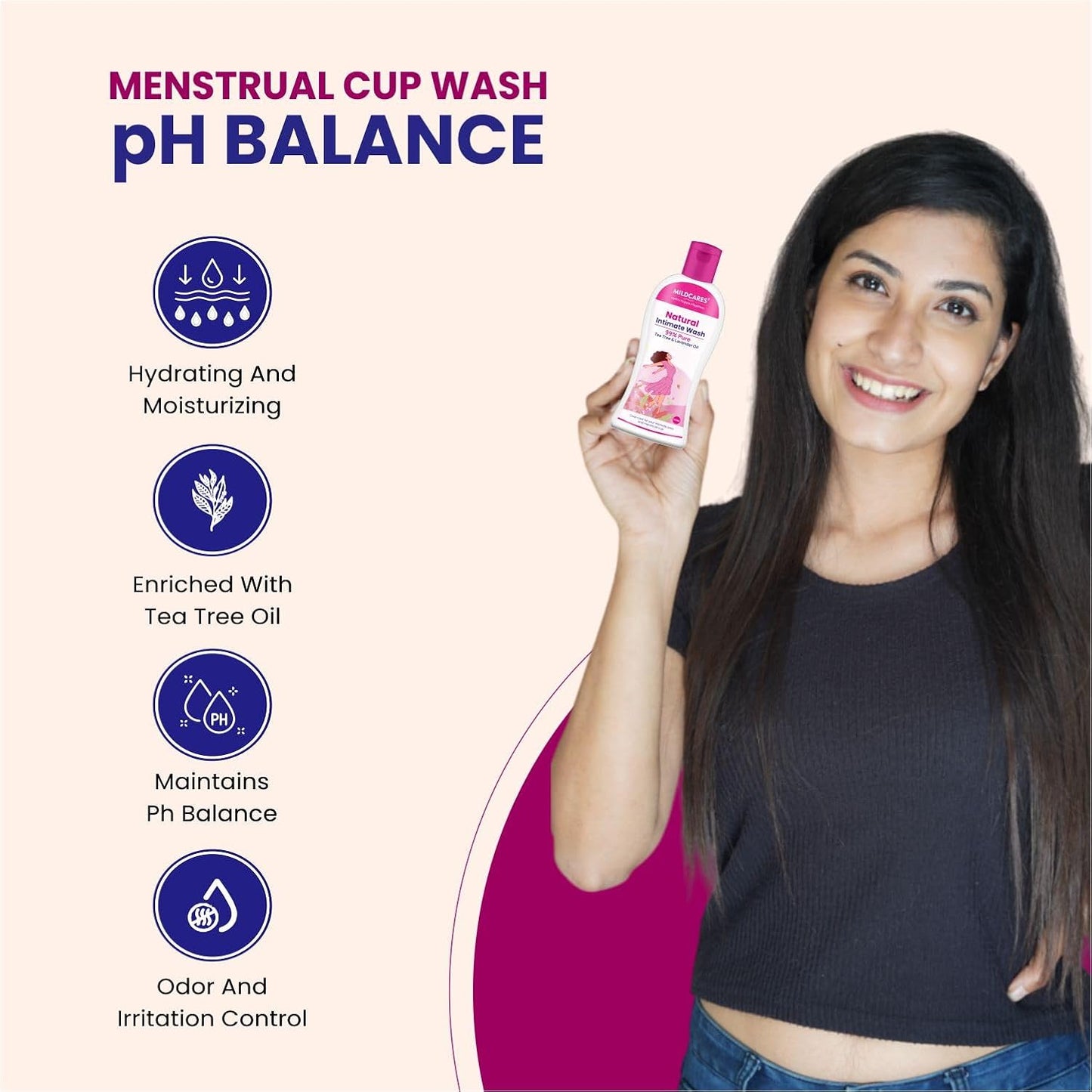 Woman holding a bottle of menstrual cup wash with product features listed on a white background