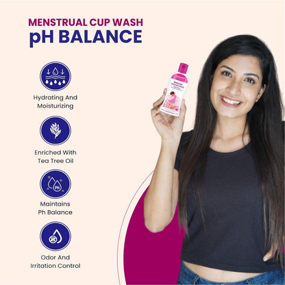 Woman holding a bottle of menstrual cup wash with product features listed on a white background
