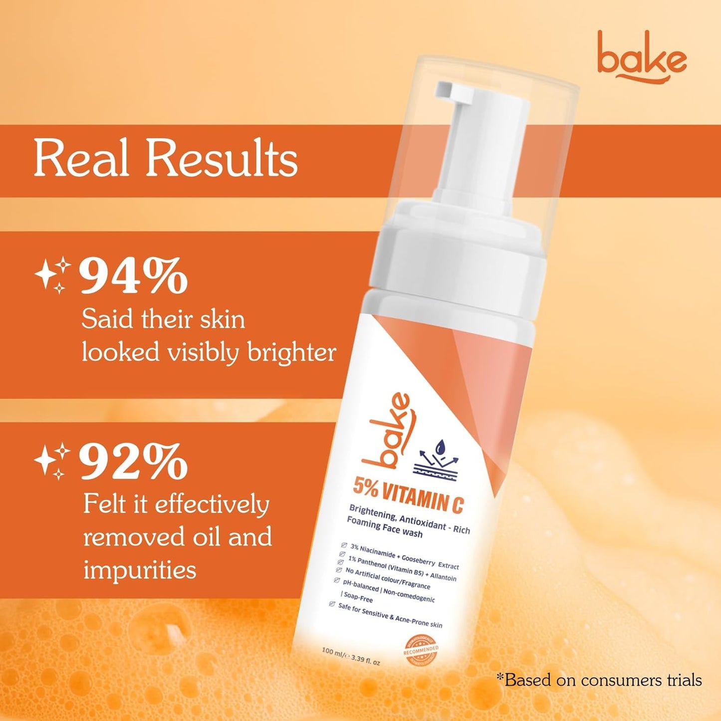 BAKE 5% Vitamin C Foaming Face Wash with Niacinamide | Brightening Face Wash for Pigmentation, Dark Spots & Uneven Skin Tone | Antioxidant Rich Cleanser for Dull, Normal to Oily Skin – 100ml