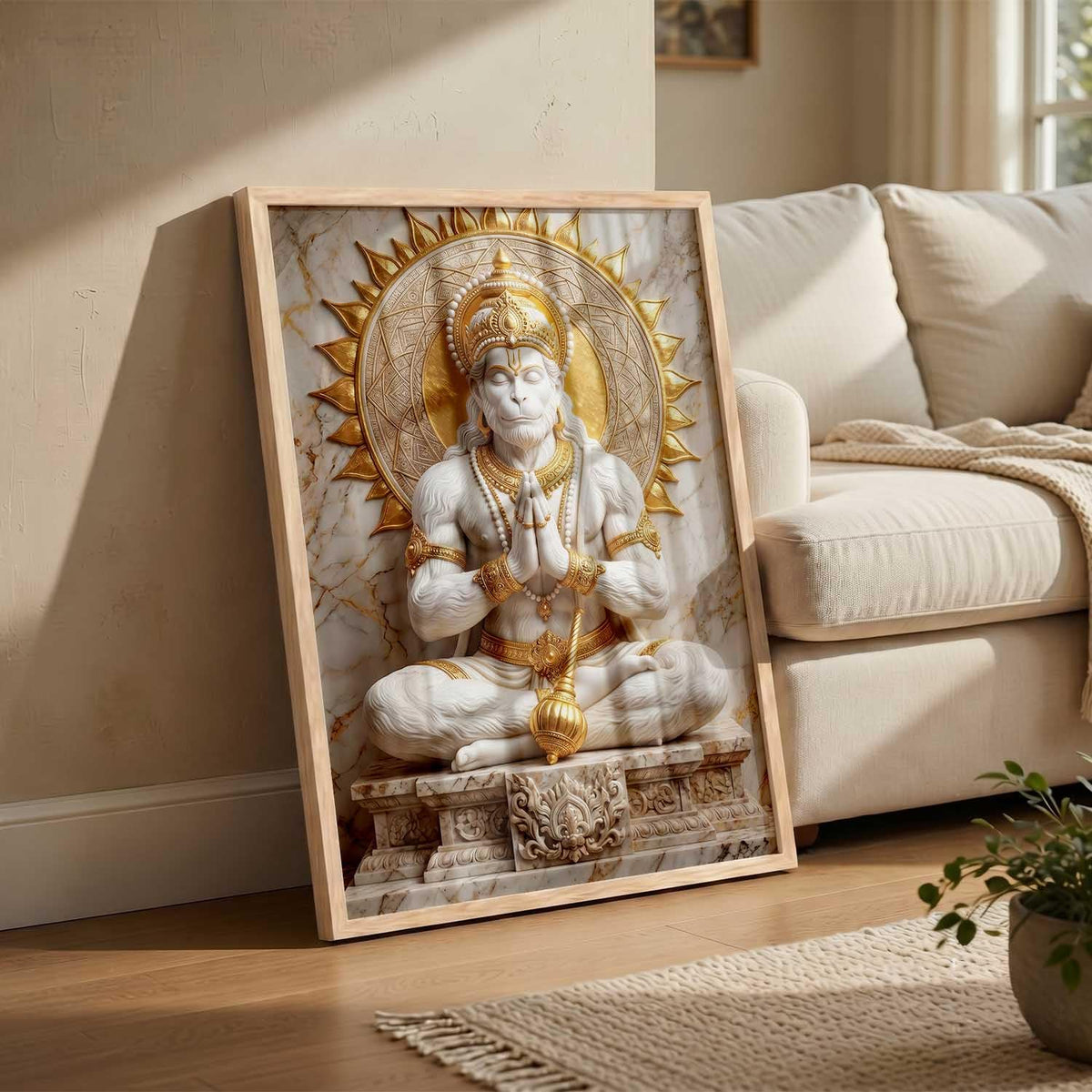 Hindu God Wall Art WALL ART Prints Framed Spiritual Religious Paintings for Living Room, Pooja Room, Bedroom, Office, Meditation Room, Home Decor (Hanuman ji, 13X19, Brown)