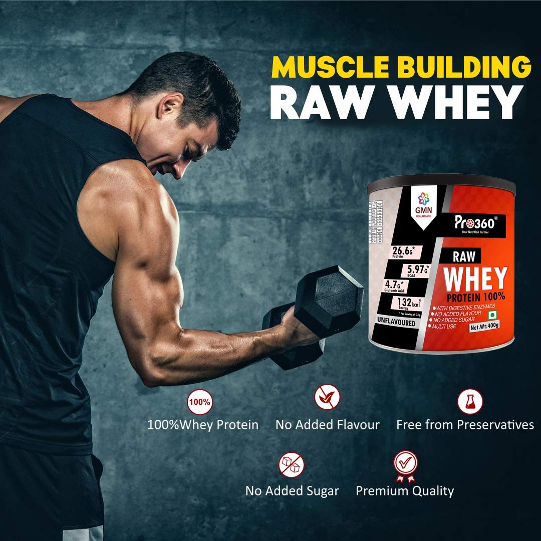 Pro360 Raw Whey Protein 100% - Unflavored - 400gm (100% Whey with Digestive Enzymes, 26.6g Protein, 5.97g BCAA, 4.7g Glutamic Acid per Serving)