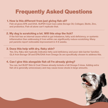 BLEP Super Coat Care - Dog Skin & Supplement, Itchy Skin, Shedding, Dull Coat & Paw Licking | Omega 3, Biotin & Collagen | Fish Oil, Borage Oil & Probiotics | Chicken Chews, 60 g