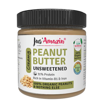Jus' Amazin Creamy Organic Peanut Butter - Unsweetened | 31% Protein | Single Ingredient - 100% Organic Peanuts (no added Sugar/Salt) | Dairy Free | Keto | Clean Nutrition