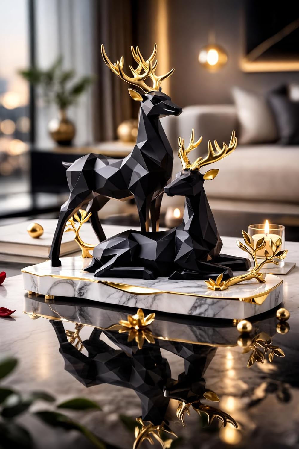 Decorative Resin Deer Figurines, Resin, 25 cm Height, Set of 2, Standing and Sitting Deer Statues Geometric Showpiece for Home Decor | Housewarming Gift (Black)