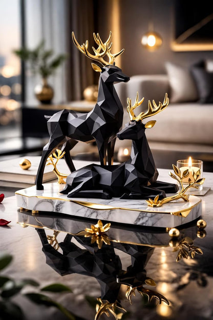 Decorative Resin Deer Figurines, Resin, 25 cm Height, Set of 2, Standing and Sitting Deer Statues Geometric Showpiece for Home Decor | Housewarming Gift (Black)