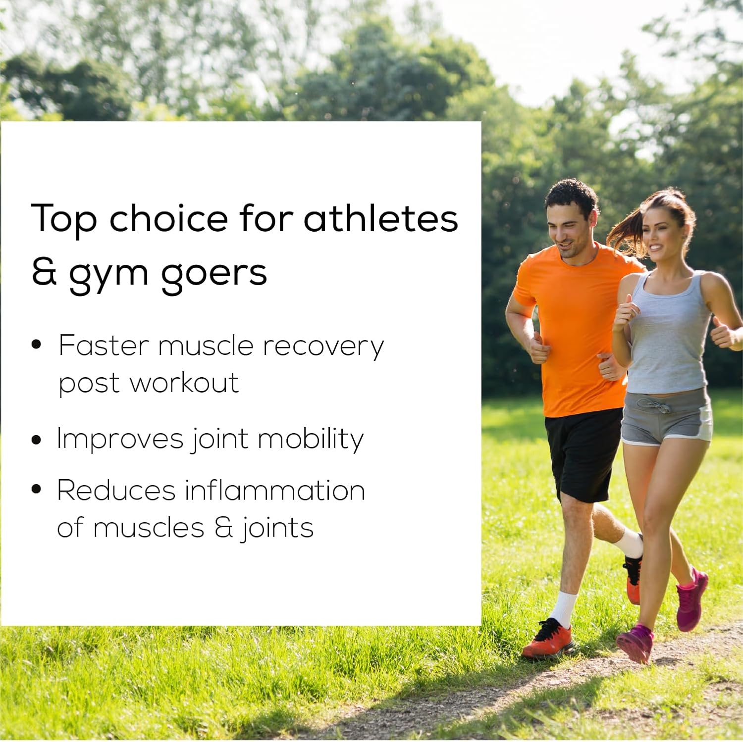 Two people running outdoors with text about muscle recovery and joint health.