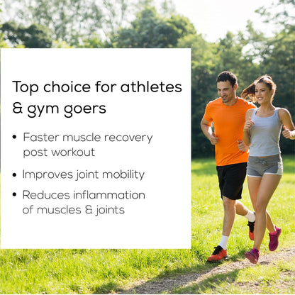 Two people running outdoors with text about muscle recovery and joint health.