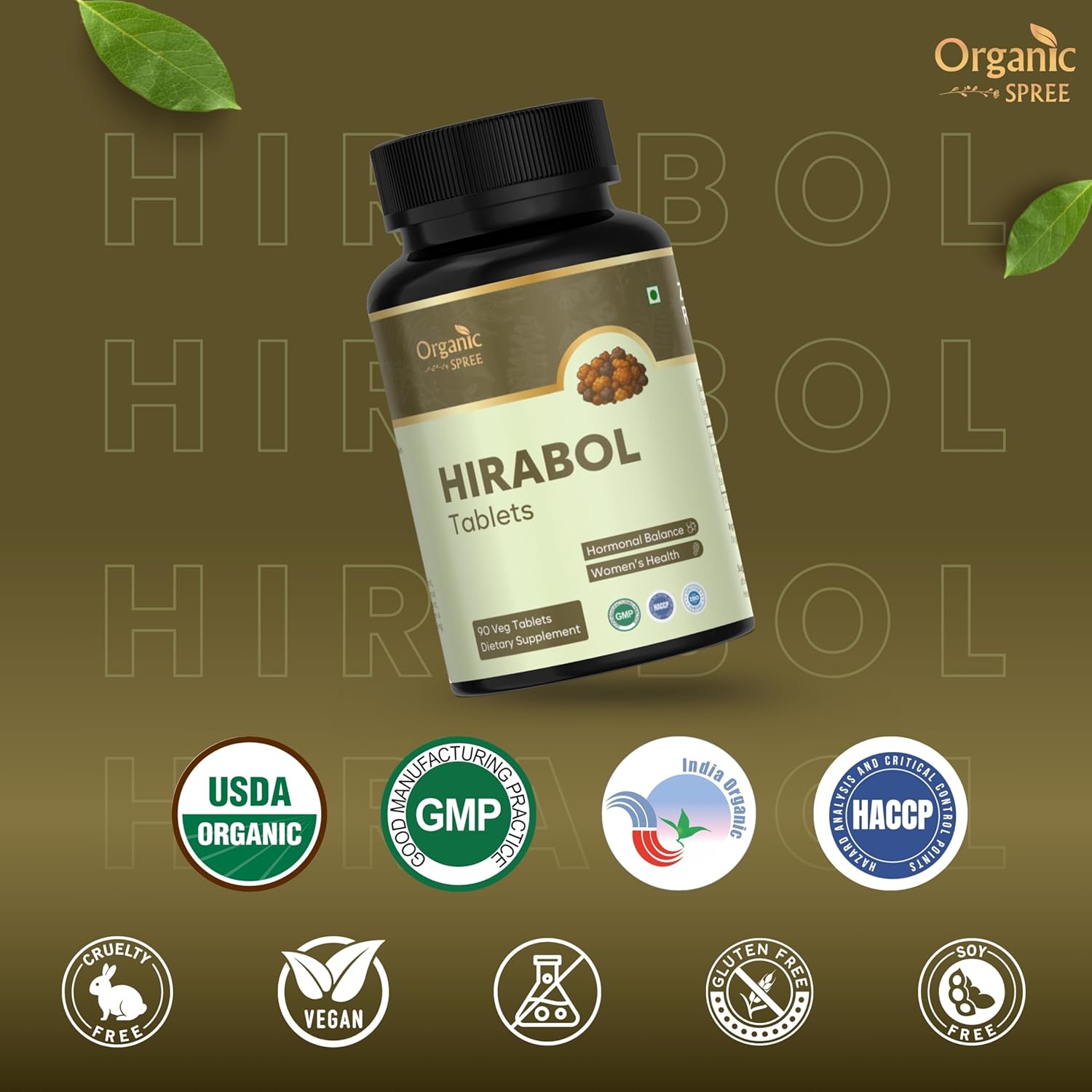 Bottle of Hirabol Tablets with certification logos on a brown background