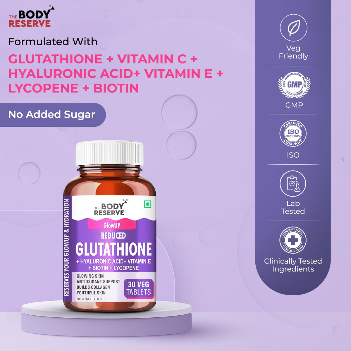 Bottle of The Body Reserve Glutathione supplement on a purple background with product details.