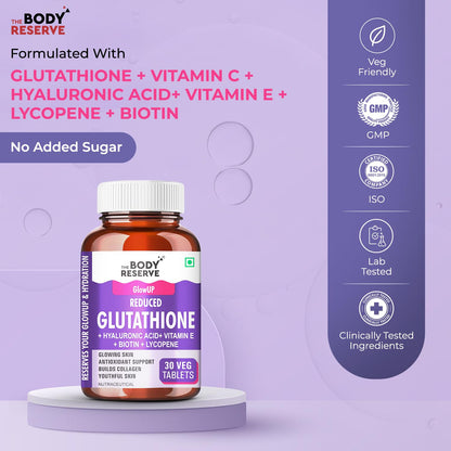 Bottle of The Body Reserve Glutathione supplement on a purple background with product details.