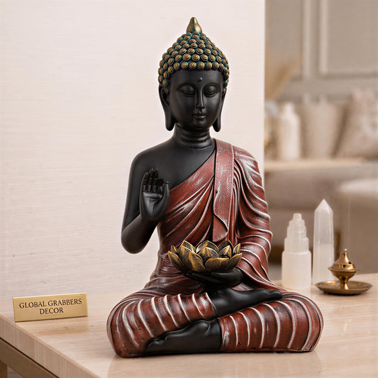 Heeran Art Blessing Lotus Buddha Statue for Home Decor | Buddha Idol for Home Decor | Home Decoration Items for Living Room | Showpiece & Show Pieces for Home Decor Living Room|DB2 (RED Black)