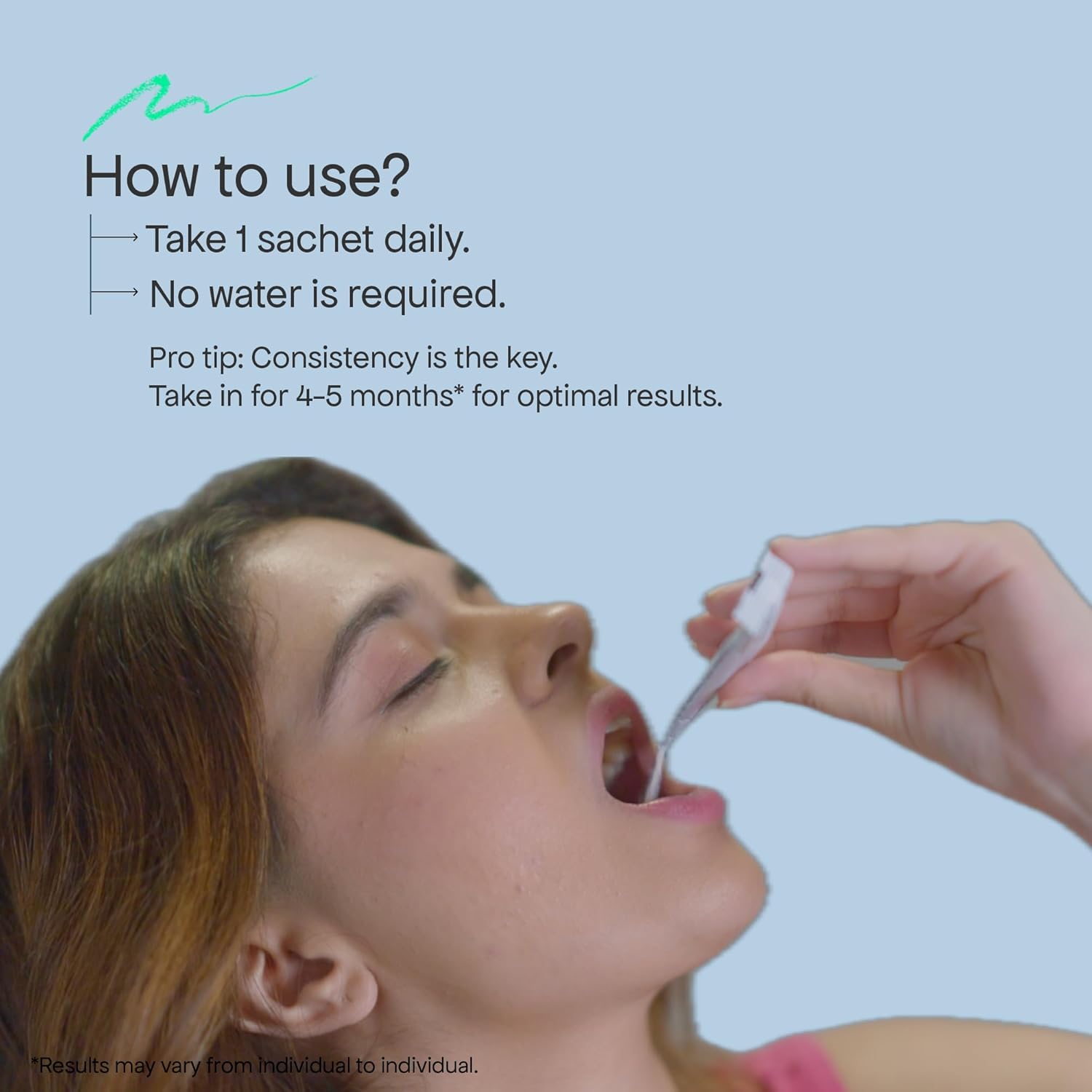 Person using a sachet to take a pill with text on how to use it.