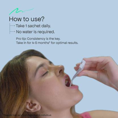 Person using a sachet to take a pill with text on how to use it.