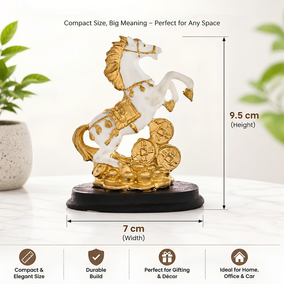 Lucky Horse Showpiece for Home Decor | White & Gold Rearing Horse Figurine with Coins Resin Decorative Statue for Office Desk Living Room Shelf Table Feng Shui Vastu Gift Item