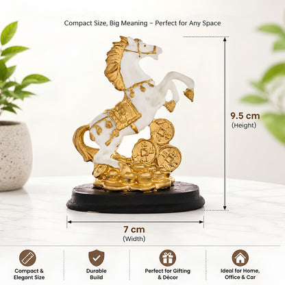 Lucky Horse Showpiece for Home Decor | White & Gold Rearing Horse Figurine with Coins Resin Decorative Statue for Office Desk Living Room Shelf Table Feng Shui Vastu Gift Item