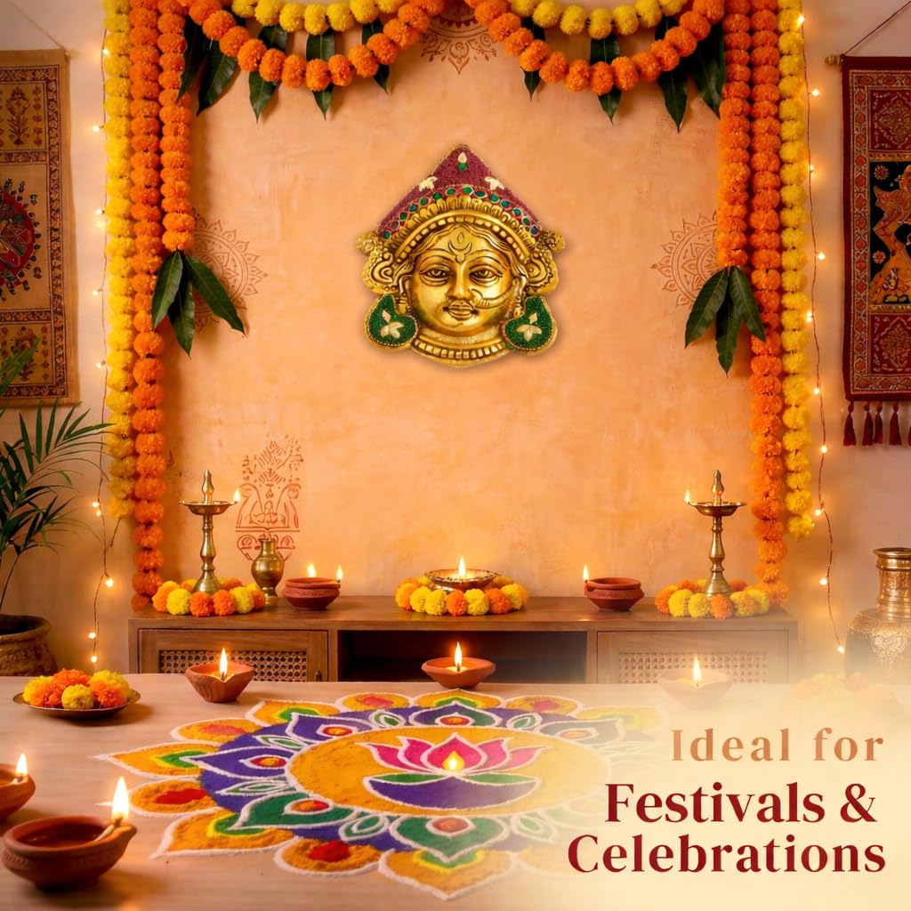 Kalakriti Goddess Durga Face Wall Hanging Navratri Decorative Idol | Golden Finish Beaded Hindu Ambe MATA Bengali Devi Mask for Home Temple, Living Room & Festive Decor (Durga Face)