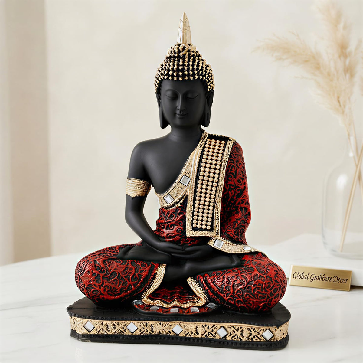 New Limited Edition 25 Centimetre Meditating Sitting Buddha Idol Statue showpiece Home Decor Decoration Items for Living Room and Gifts (Red Black)