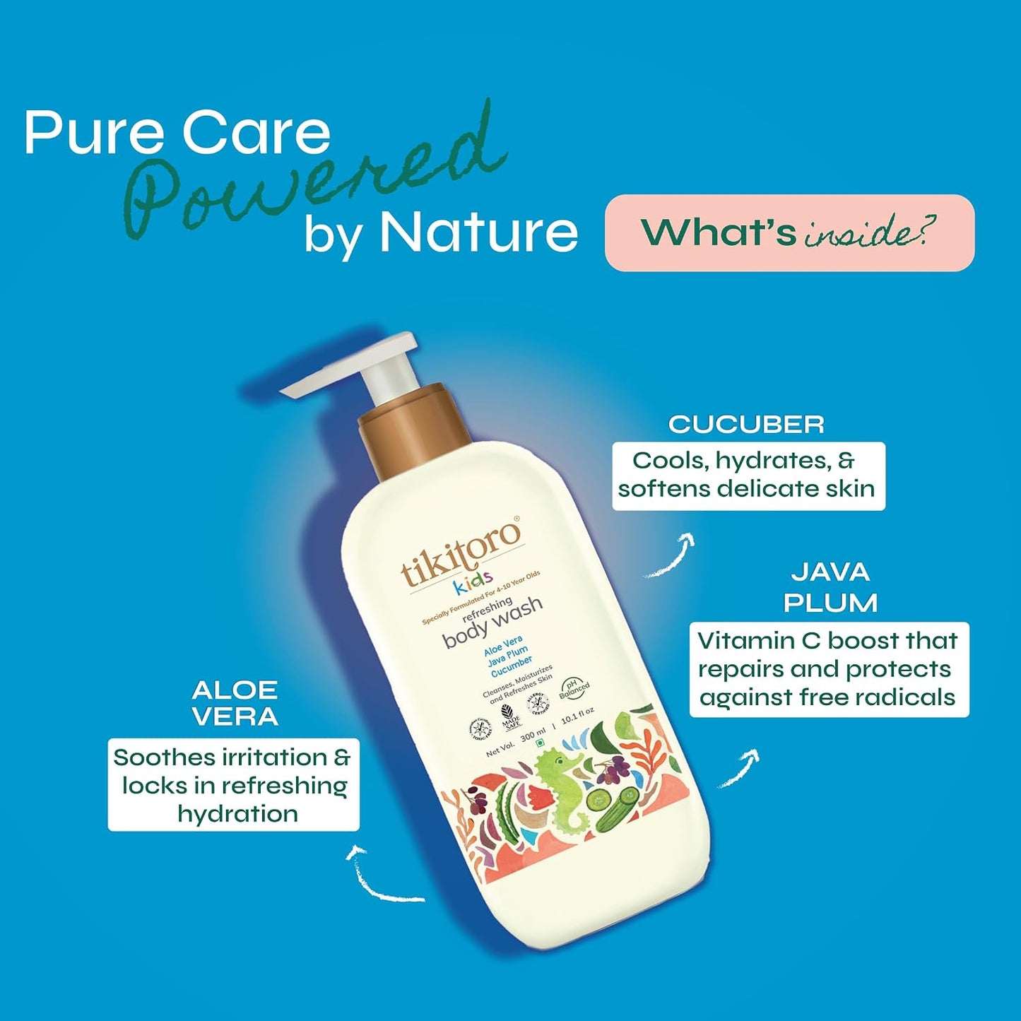 Tikitoro Kids Refreshing Body Wash | Pediatrician Approved | Deeply Cleanses, Hydrates & Refreshes Skin | Cucumber, Java Plum, Vitamin C & Aloe Vera | No Parabens & Sulphates, Age 4+ years (300ml)