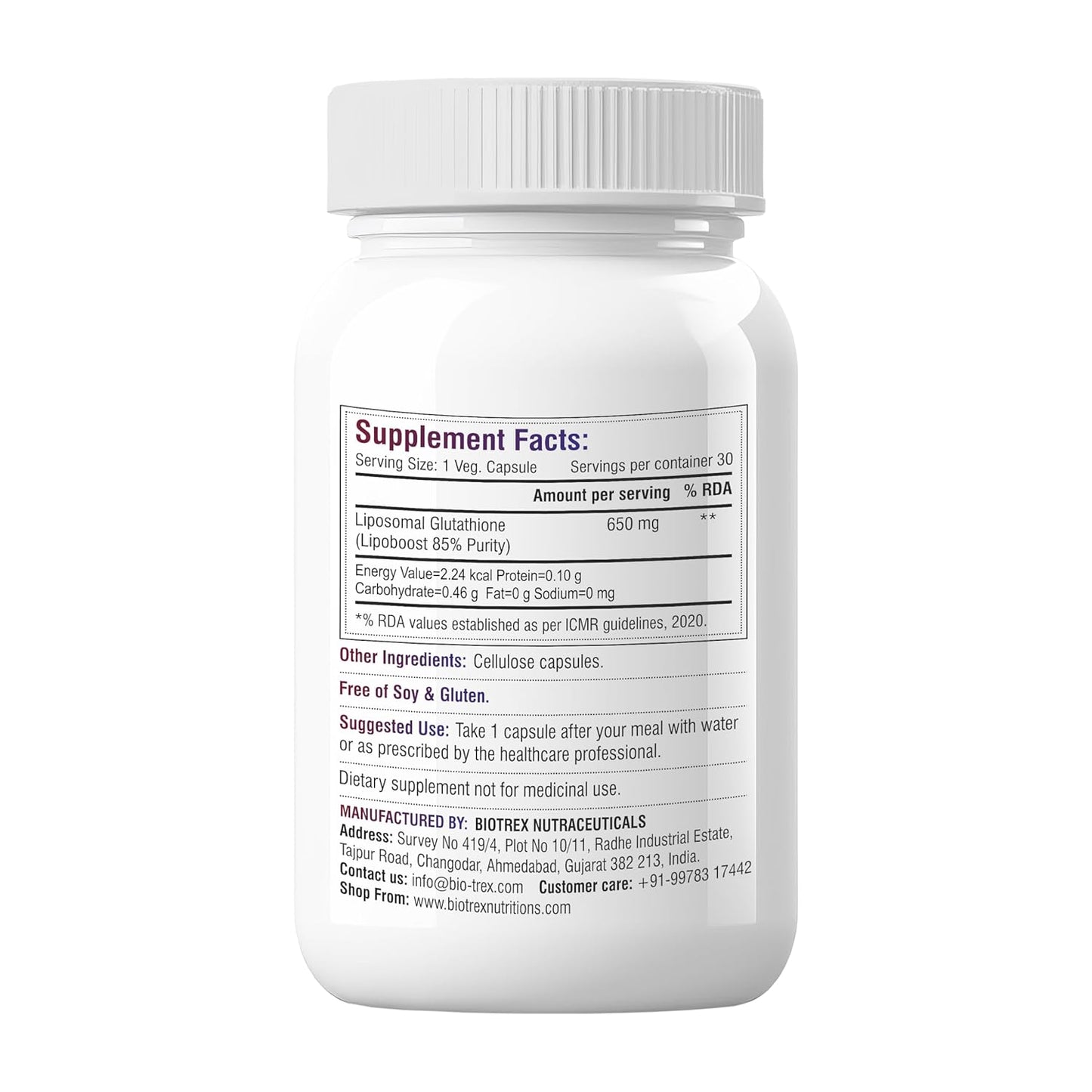 Biotrex Nutraceuticals Liposomal Glutathione 85% Lipoboost High Purity Form, Supports Healthy Skin Health - 30 Veg Capsules
