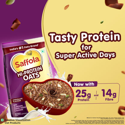 Saffola 25g High Protein Oats | 14g High Fibre | Chocolate flavour | No Refined Sugar | With Almonds, Raisin, Pumpkin and Chia Seeds | Rolled Oats for Weight management & Muscle gain