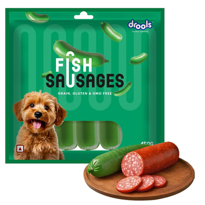 Drools Adult & Puppy Sausage for Dog, 450g | Real Fish Flavour | High Protein | Treat & Food Topper | Grain Free | Best for Training & Bonding | No Preservatives