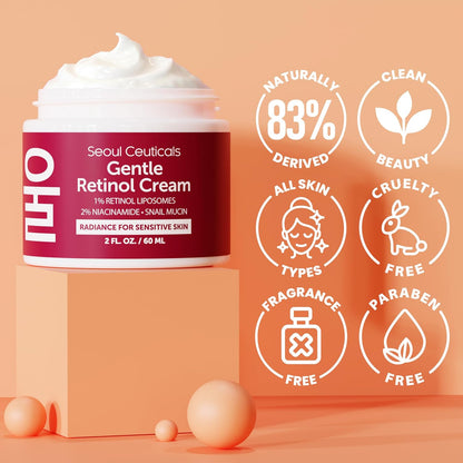 SeoulCeuticals Korean Retinol Night Cream for Face – K Beauty 1% Retinol Cream with 97.5% Snail Mucin & 2% Niacinamide – Lightweight Moisturizer for Sensitive Skin – 2oz