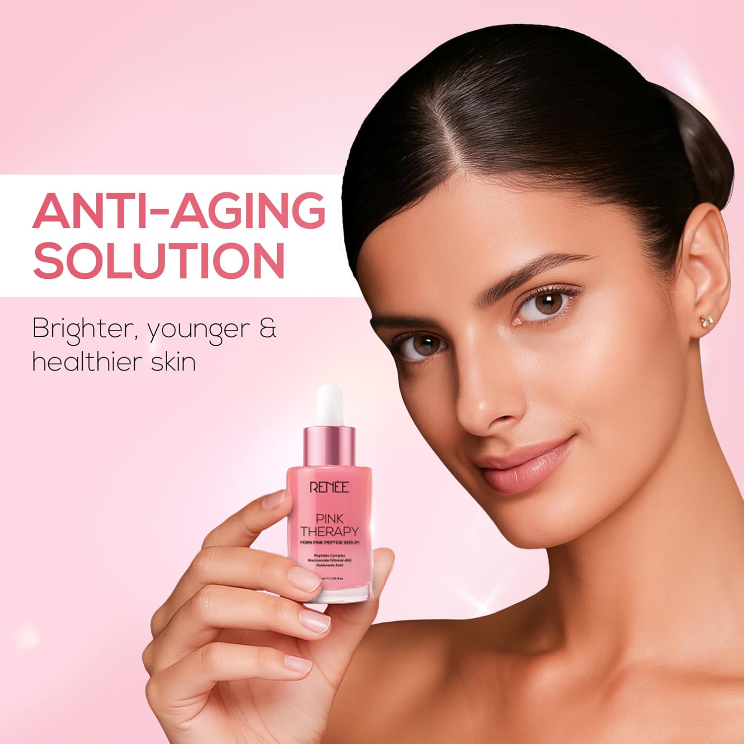 Woman holding a pink skincare bottle with 'Anti-Aging Solution' text on a pink background