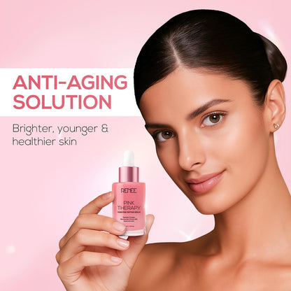 Woman holding a pink skincare bottle with 'Anti-Aging Solution' text on a pink background