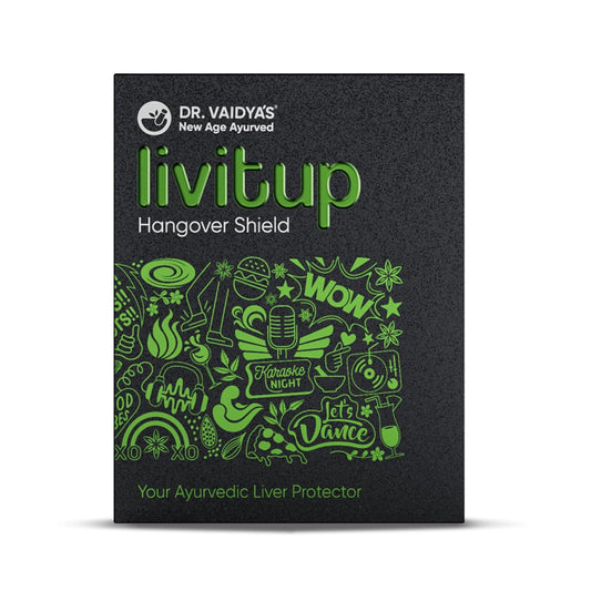 Click to see full view Dr. Vaidya's Livitup | Hangover Shield & Liver Protector | Helps Prevent Acidity, Nausea & Headache | Kalmegh Ghan & Arogyavardhini Rasa | (6 Capsules)