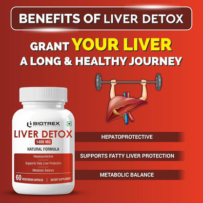 Biotrex Nutraceuticals Liver Detox 1400mg | Milk Thistle (85% Silymarin) with N Acetyl Cysteine | Hepatoprotective | Supports Fatty Liver Protection | Metabolic Balance | Natural Formula - 60 Veg Capsules