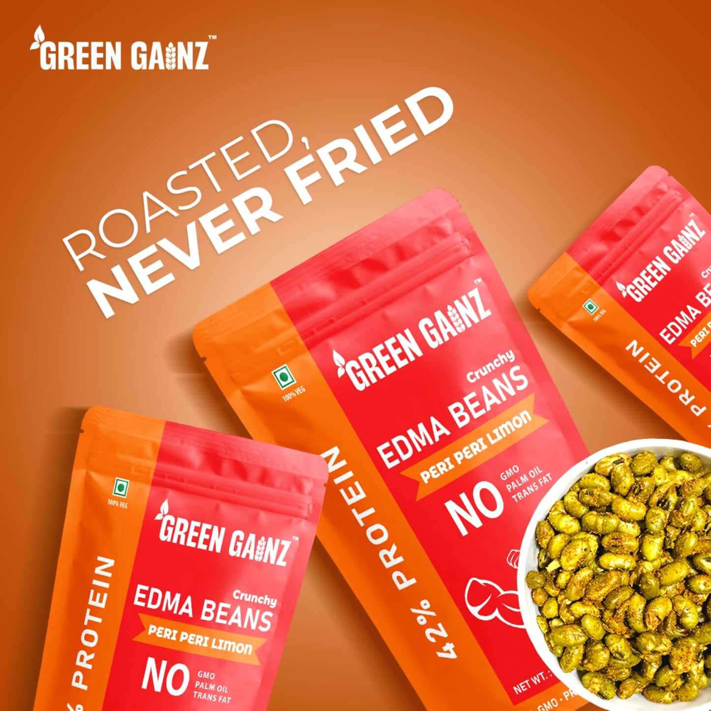 Green Gainz Roasted Edamame Peri Peri Limon Flavour 100gm | Healthy Namkeen Snacks | 100% Veg High Protein Snack | Fiber Rich | No Palm Oil | Roasted, Not Fried