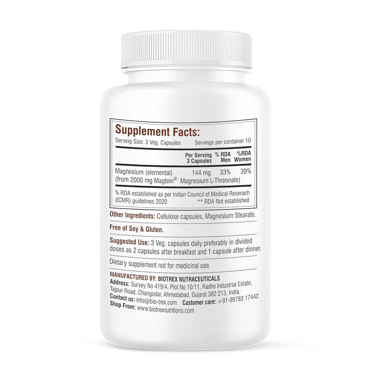 Biotrex Nutraceuticals Magtein Magnesium L Threonate Supplement – Supports Cognitive Function, Memory & Sleep – Magnesium L-Threonate for Brain Health – 90 Veg Capsules – Highly Bioavailable Formula