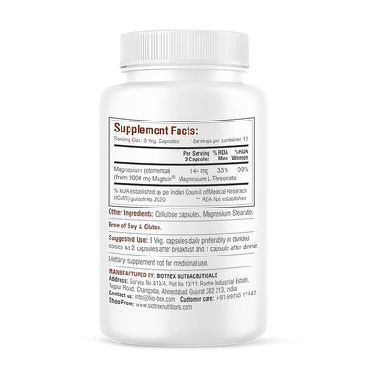 Biotrex Nutraceuticals Magtein Magnesium L Threonate Supplement – Supports Cognitive Function, Memory & Sleep – Magnesium L-Threonate for Brain Health – 90 Veg Capsules – Highly Bioavailable Formula
