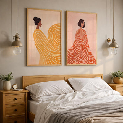 Set of 2 Abstract Woman Framed Wall Painting for Living Room | Modern Aesthetic Wall Art Frame | Minimalist Female Illustration Wall Decor for Bedroom, Hall & Office (M.1, 13x19 inches)