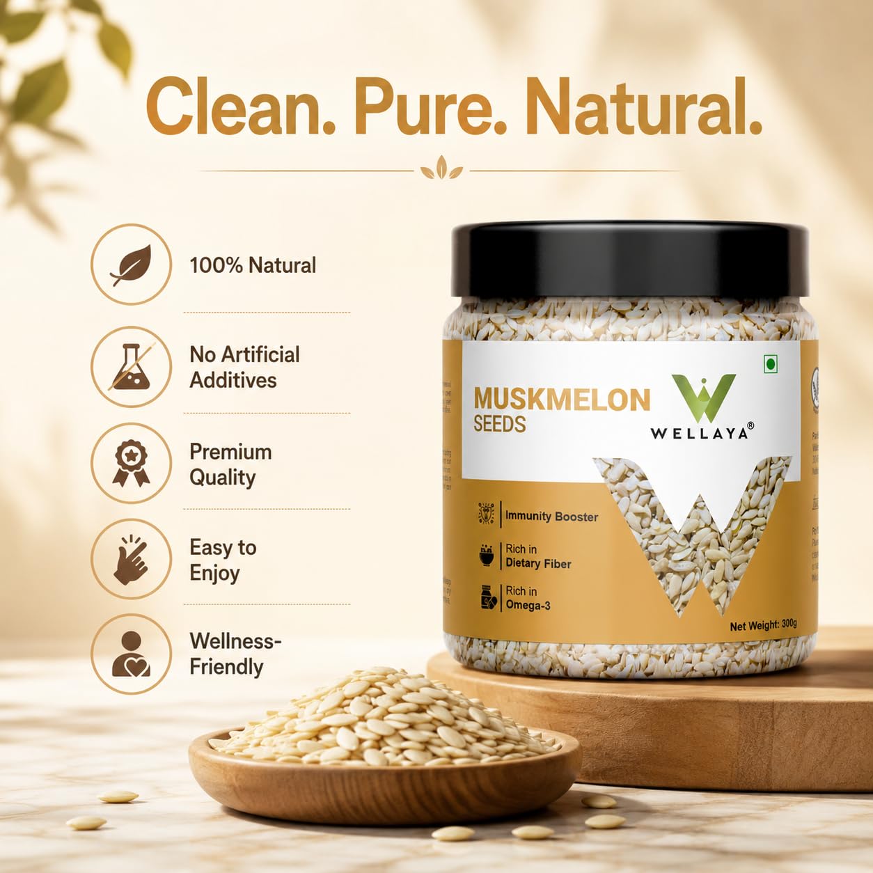 WELLAYA Muskmelon Seeds | Kharbooj Magaz Beej For Weight Loss | Healthy Diet Kharbuja Seeds | Rich in Omega-3, Antioxidants & Nutrients | Boosts Immunity, Energy & Digestion