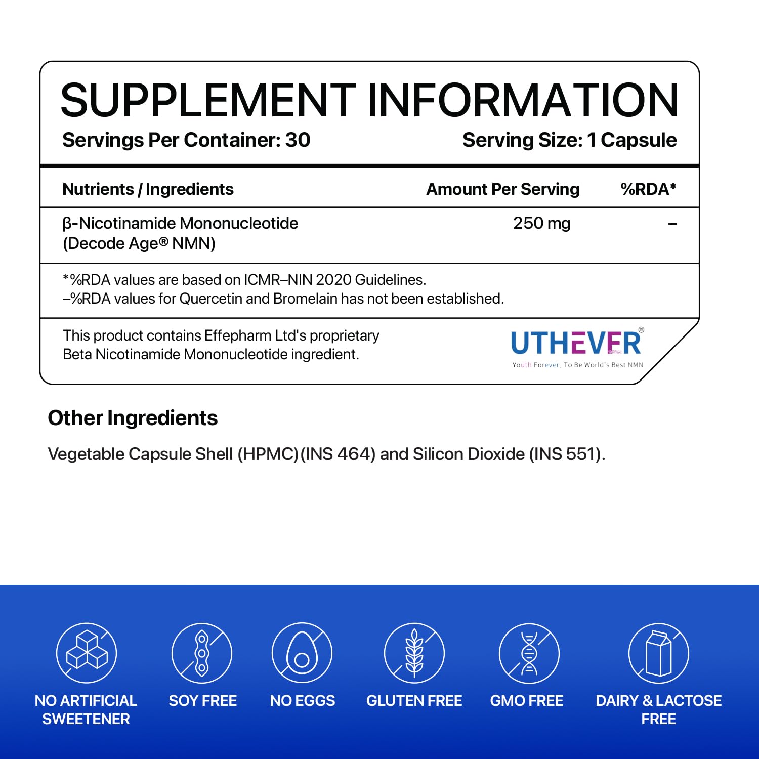 Supplement information label with UTHEVFR branding on a white background