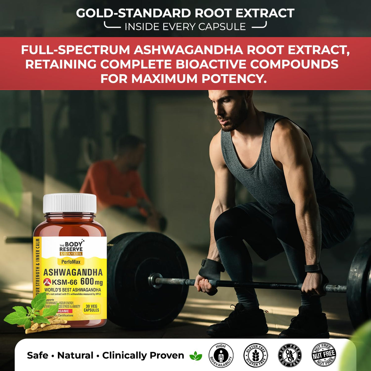 Body Reserve Ashwagandha supplement with a person lifting weights in the background