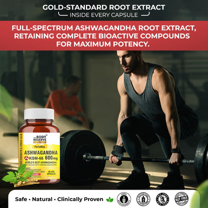 Body Reserve Ashwagandha supplement with a person lifting weights in the background