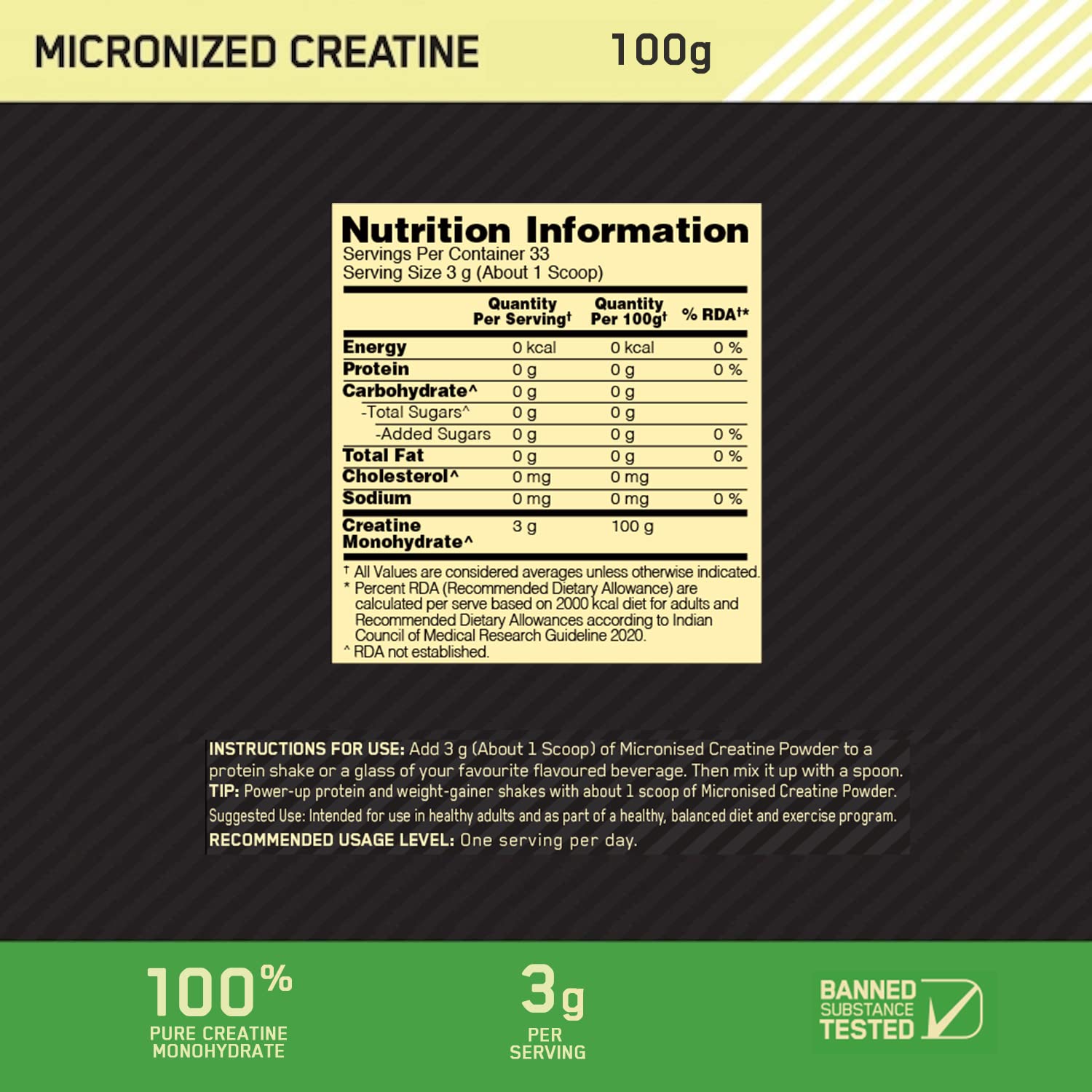 Nutrition label for micronized creatine on a black background with green accent.
