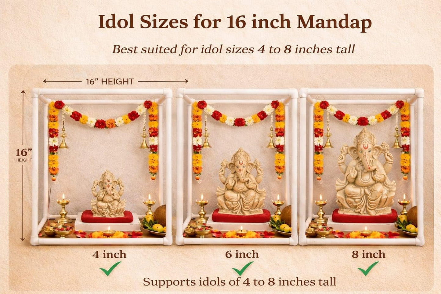 SAUDEEP INDIA 40cm Ganpati Mandap for Ganesh Chaturthi Idol Home Decor | Ganesh Murti Sthapana Stand | DIY Pooja Pandal Backdrop Frame Setup | Home Temple Ganpati Bappa Idol Platform
