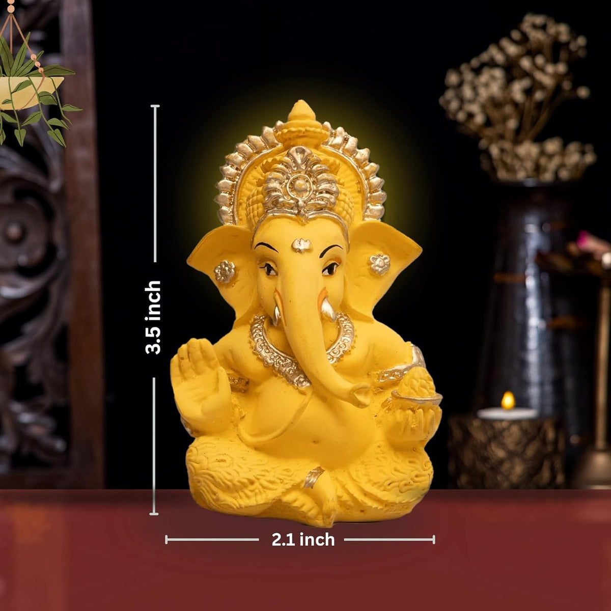 Lord Ganesha Idol for Car Dashboard, Home Temple & Office Decor | Gold Plated Resin Ganpati Murti for Puja, Mandir, Vastu, Diwali, Housewarming Gift | 3.5 Inch | Pack of 1 (Yellow)