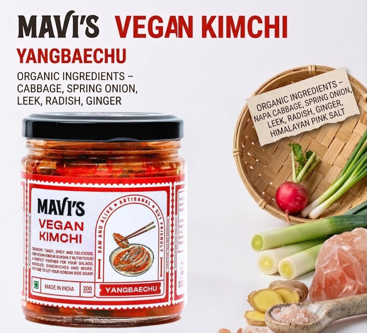 MAVI's Veg Kimchi | Korean Cabbage Kimchi | Artisanal Probiotic Pickle | Vegan | No Preservatives, No Artificial Flavour or Colour | Pack of 1 (200g)