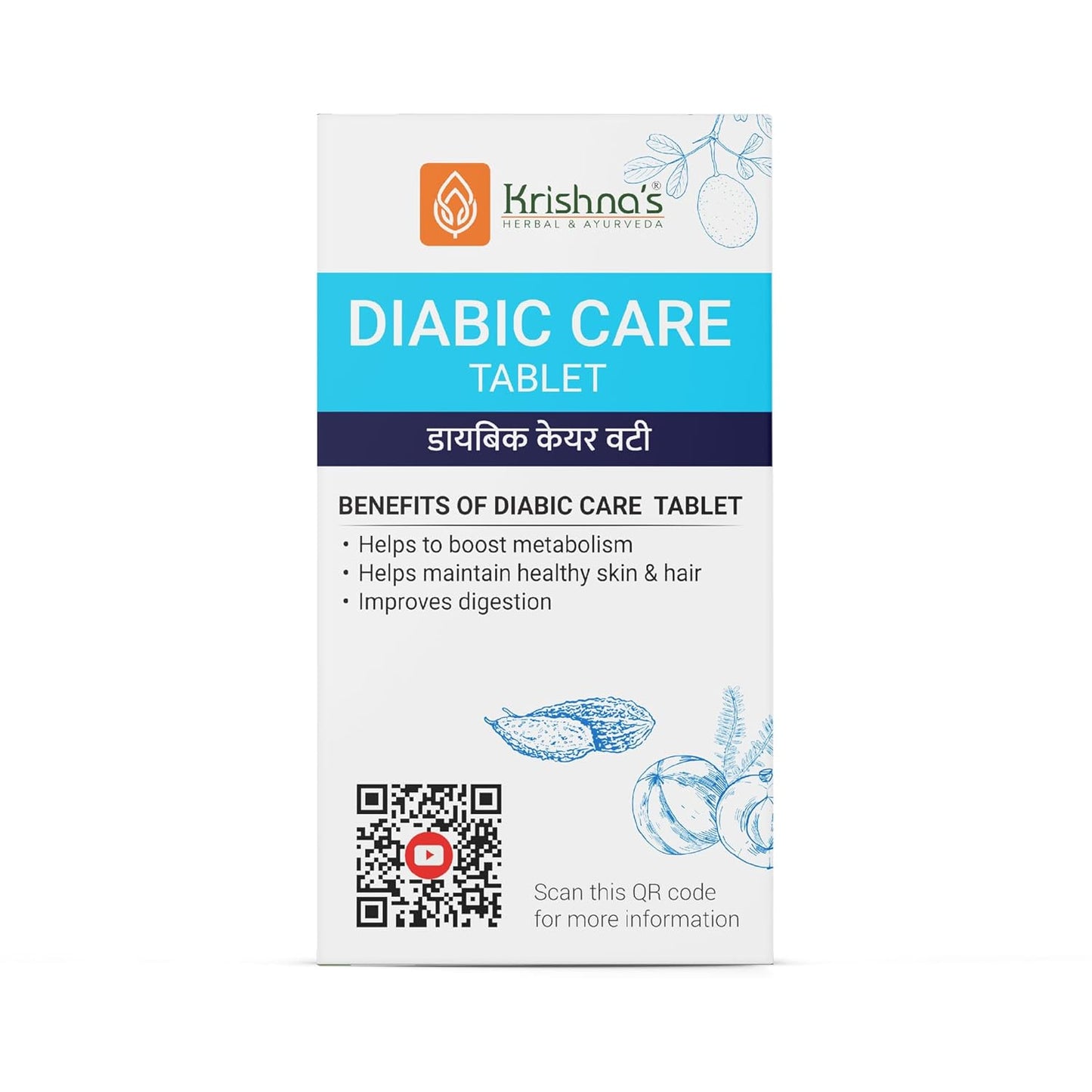 Krishna's Diabic Care Tablet - 60 Tab | Blend Of 11 Herbs Methi, Amla, Karela, Jamun, Kutki & 5 Other Herbs - (Pack of 1)