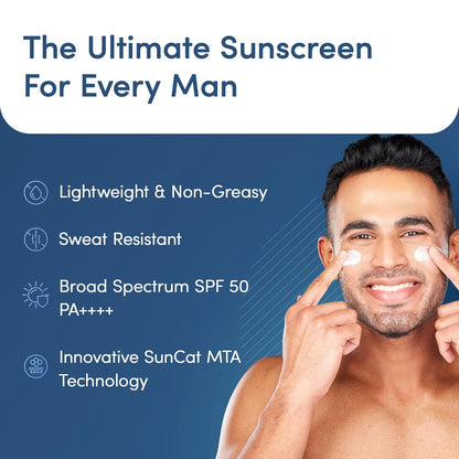 Man Matters Probiotic Sunscreen SPF 50 PA++++ 50ml | SunCat MTA Technology | Sweat Resistant & Broad Spectrum Protection | Centella, Rice Water & Niacinamide | Non Greasy, 0 White Cast & Lightweight