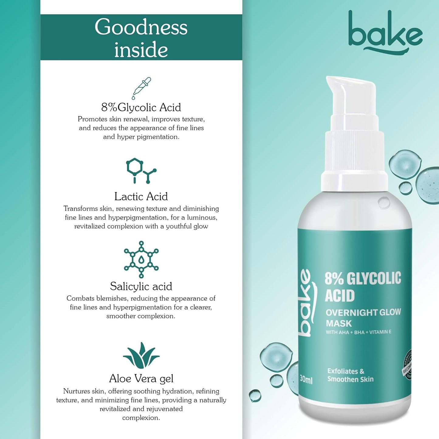 BAKE 8% Glycolic Acid Serum with AHA BHA & Lactic Acid | Improve Uneven Skin Tone, Pigmentation Solution, Unclogs Pores, Reduces Blackheads | Overnight Peeling Serum | For Women & Men | 30ml