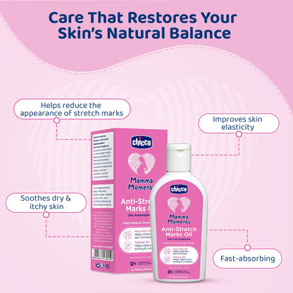 Chicco Mamma Moments Anti-Stretch Marks Oil 100ml | Helps Reduce Stretch Marks | Improve Skin Firmness | No Phenoxyethanol | Dermatologically Tested