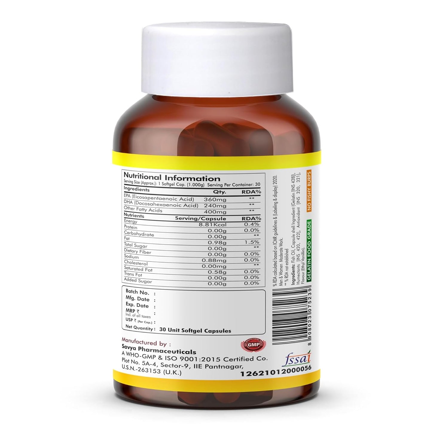 Brown supplement bottle with a white label on a white background
