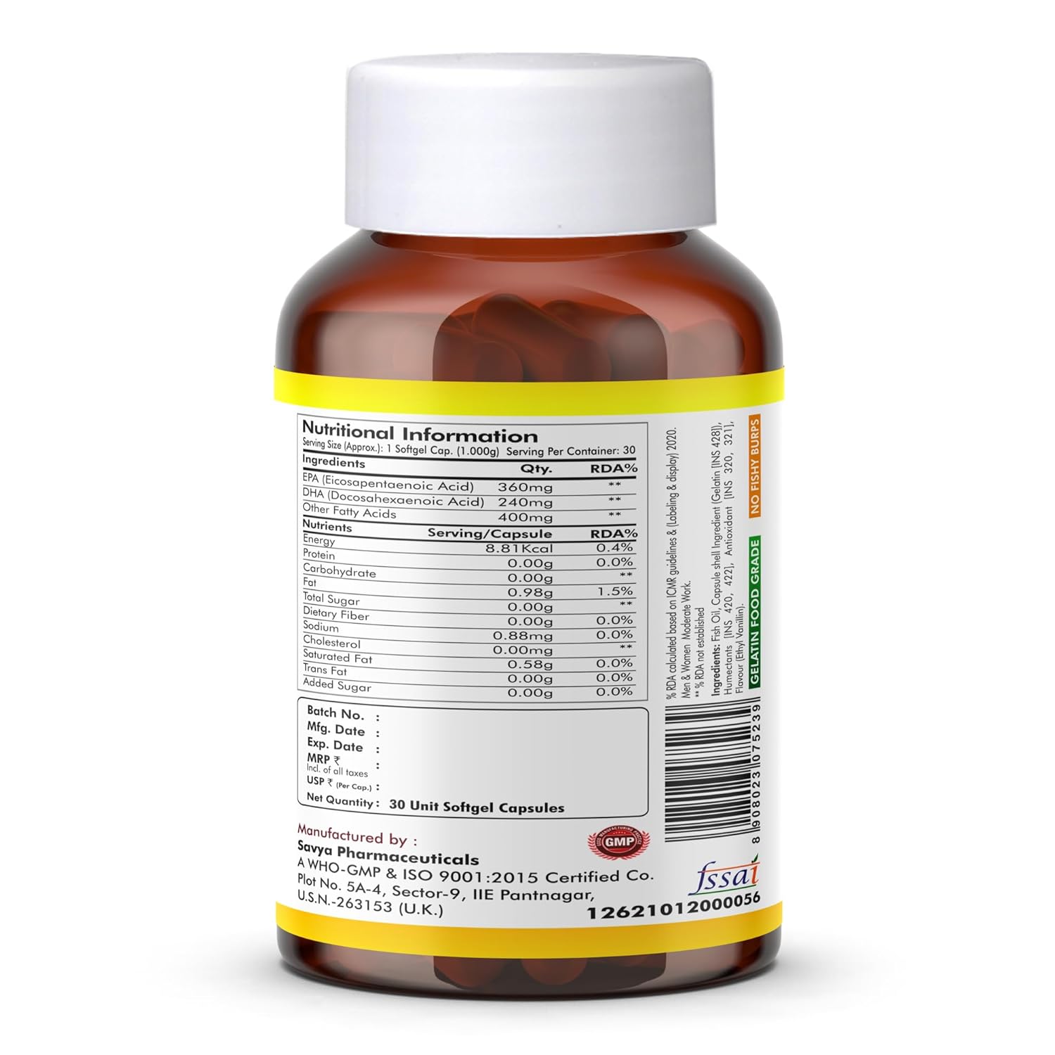 Brown supplement bottle with a white label on a white background