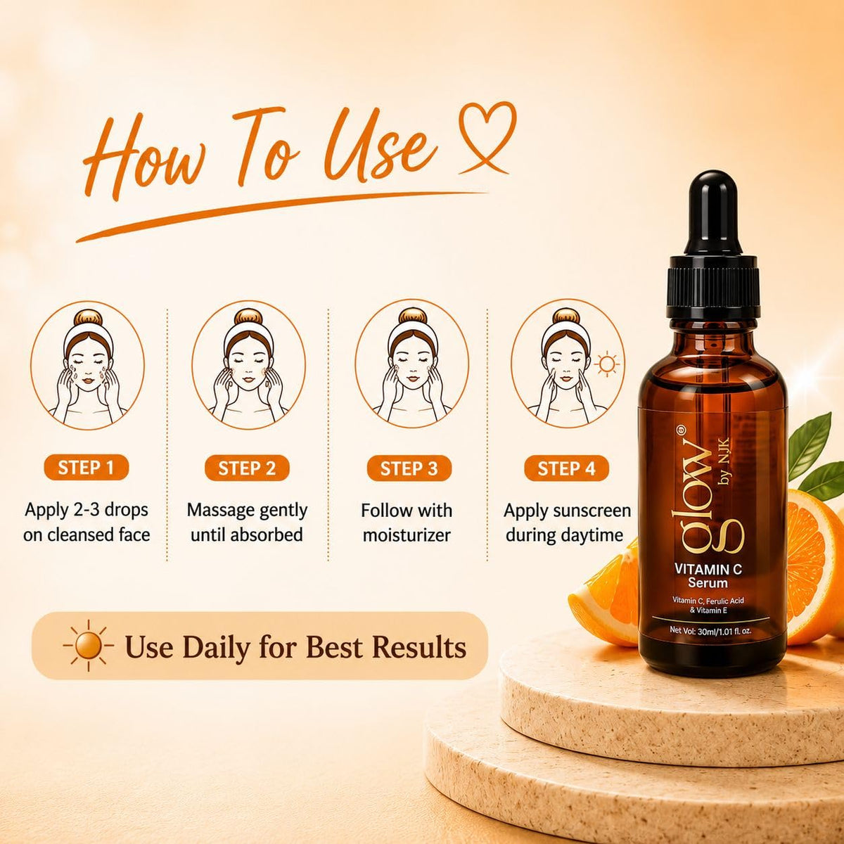Glow by NJK Vitamin C Face Serum with Vitamin E for Glowing Skin 30ml, Vitamin E Care, Dark Spot Care, Uneven Tone Support, Radiant-Looking Skin, Lightweight Texture, Daily Skincare Routine
